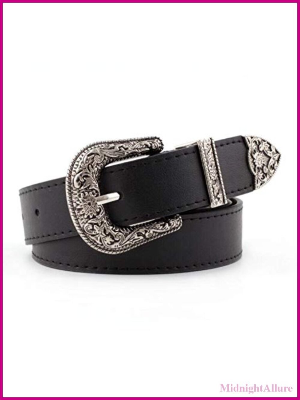 Vintage PU Leather Belt with Hollow Out Flower Buckle